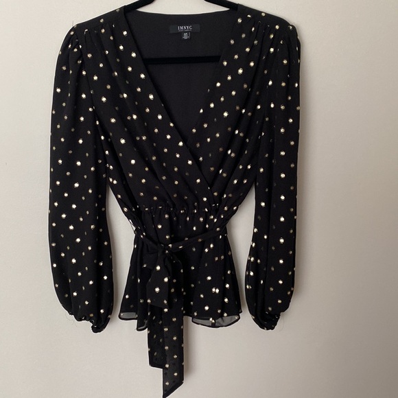 Isaac Mizrahi black and gold polka dot long sleeve blouse size small - Picture 2 of 8